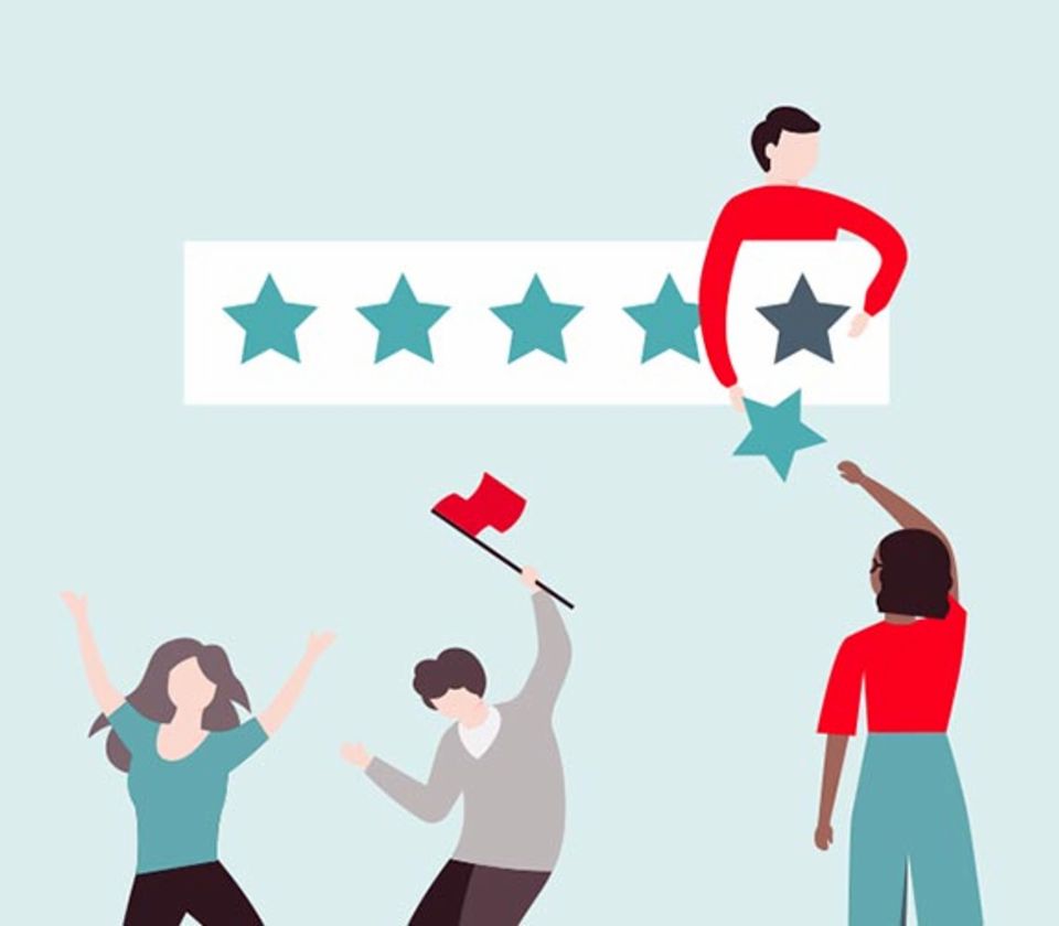Illustration of four people celebrating a five star rating