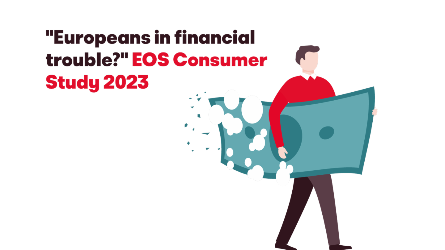 Illustration d'un homme portant un grand billet de banque en train de se dissoudre, avec le texte 'Les Européens en difficulté financière ? Étude Consommateurs EOS 2023'.
