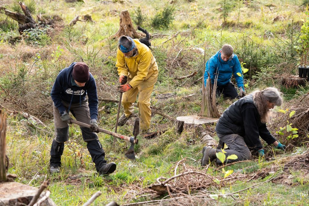 People with tools preparing the EOS tree planting project in cooperation with the German association Bergwaldprojekt e.V. 