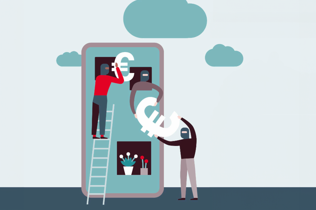 Illustration de trois voleurs volant un signe euro d'un téléphone mobile surdimensionné