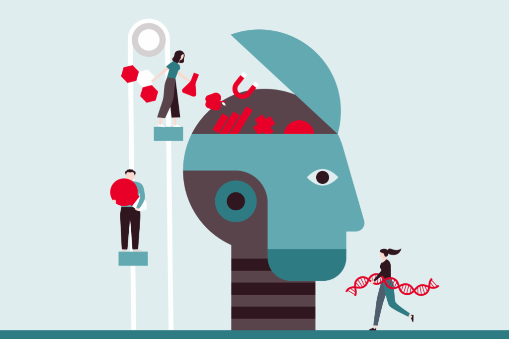 Illustration d'une tête remplie de connaissances par différentes personnes.