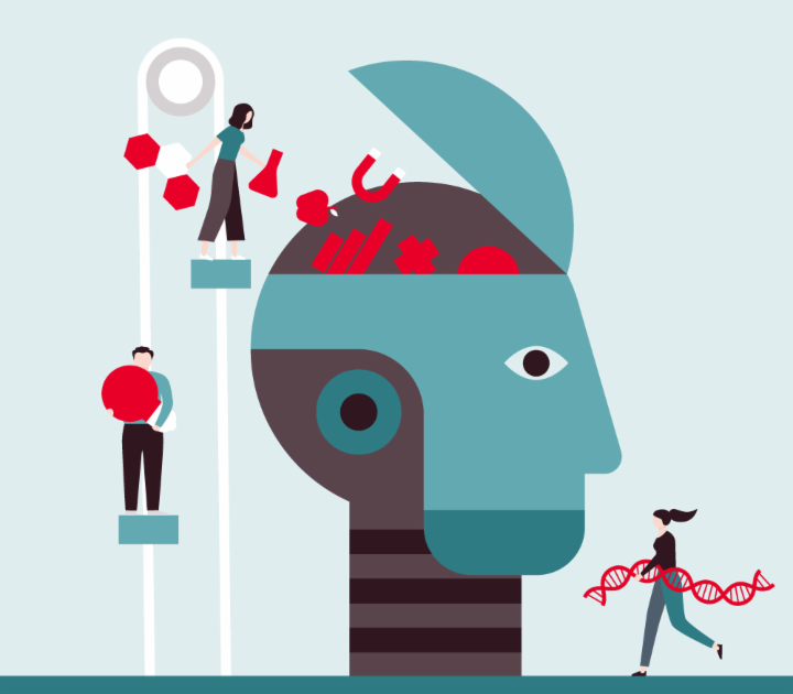 Illustration d'une tête remplie de connaissances par différentes personnes.