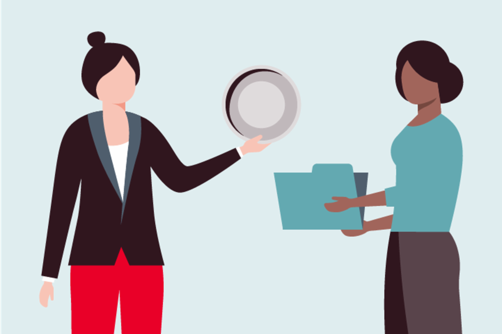 Illustation of a woman holding up a coin and a woman standing opposite with a folder.